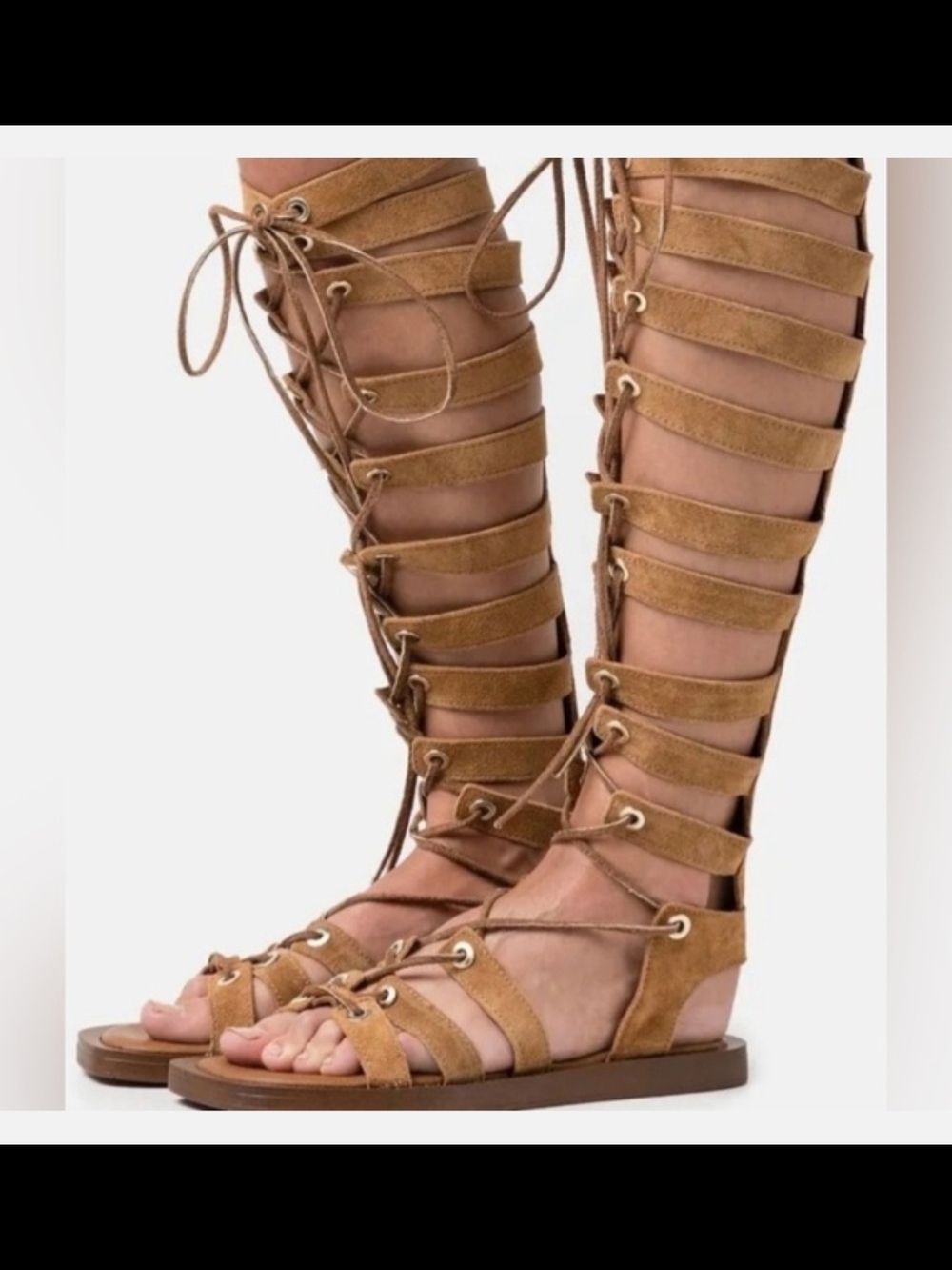 Free People Tan Suede Knee-High Lace-Up Gladiator Sandals